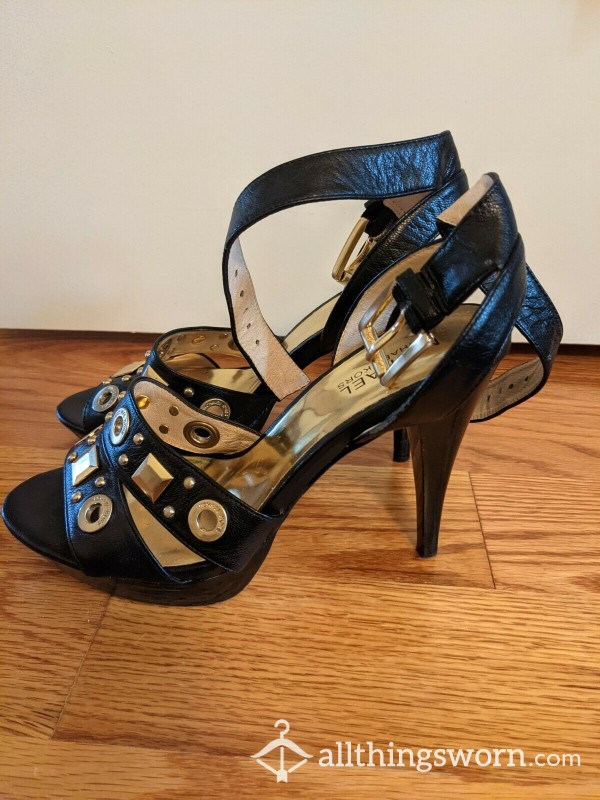 Sexy Michael Kors Black & Gold High Heels - Well-Worn - Womens Size 7