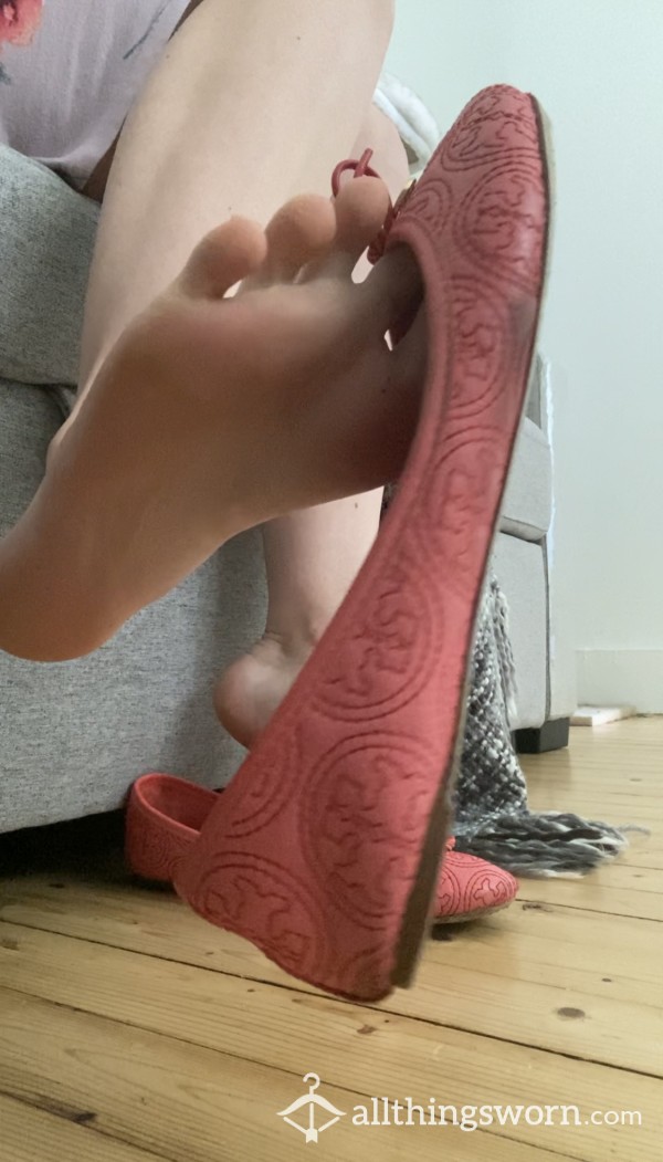 Shoe Play With Sweaty Feet, Bare Skin, Bare Nails, And Pink Tory Burch Ballet Flats 👣