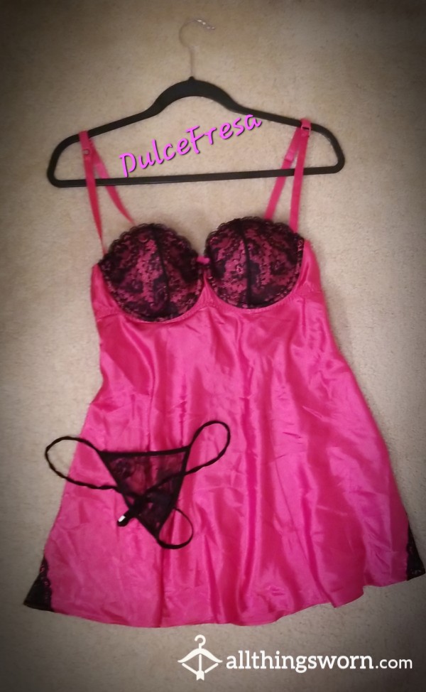 Silky Pink Babydoll Lingerie And Panty Set- $25