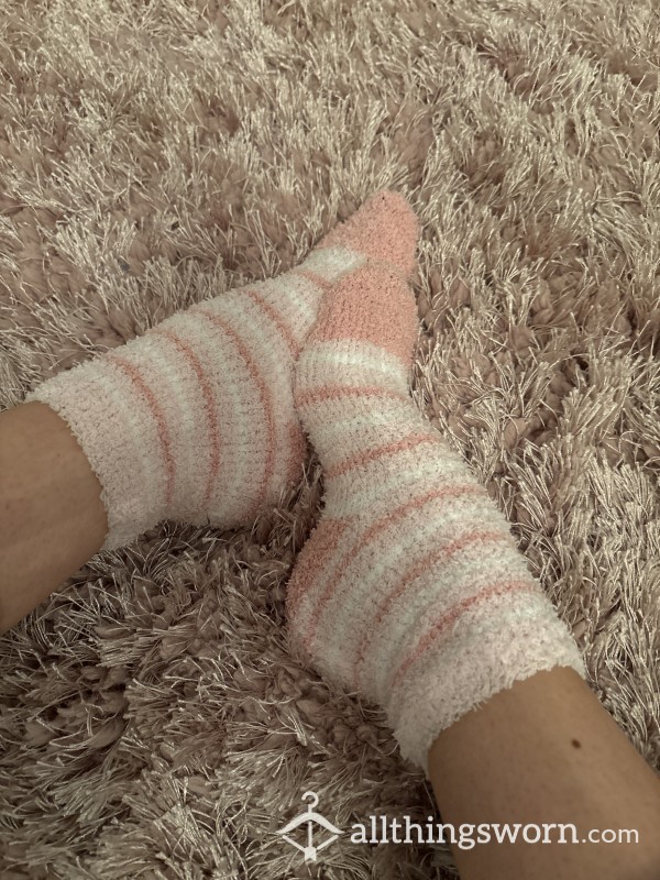 Worn Small Pink Striped Fluffy Socks