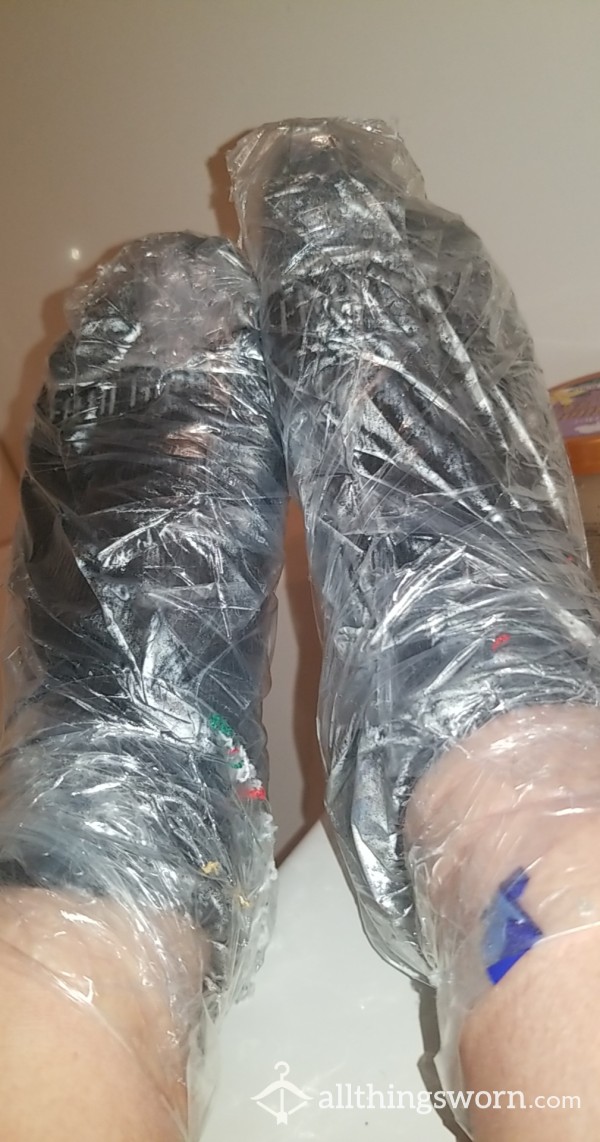 Smelly 👣 Sweaty! Plastic Wrapped Socks W/ Feet Pics Included!