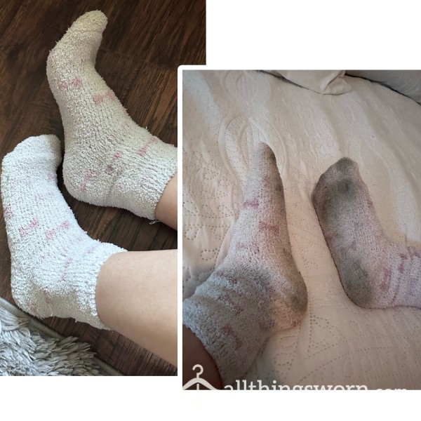 Soft Fuzzy Cute Socks | White, And Pink | Sweet Girly Design, Bows | Well Worn, Fuzzy Ankle Socks