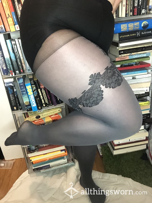 Stunning Grey Tights With Lace Garter Patern