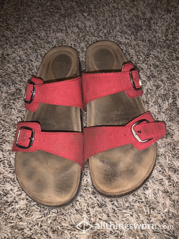 Super Sexy Red Well Worn Flat Women’s Sandal With Straps And Buckles!