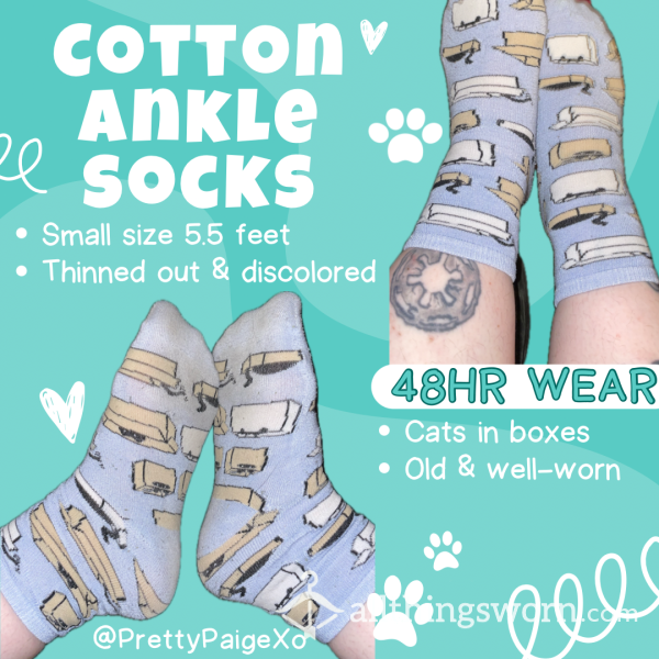 Tall Cotton Ankle Socks 🩵👣 Old & Well-worn…small Feet Size 5.5 😏 Cute Cats In Boxes, 48hr Wear 🐈‍⬛ 📦