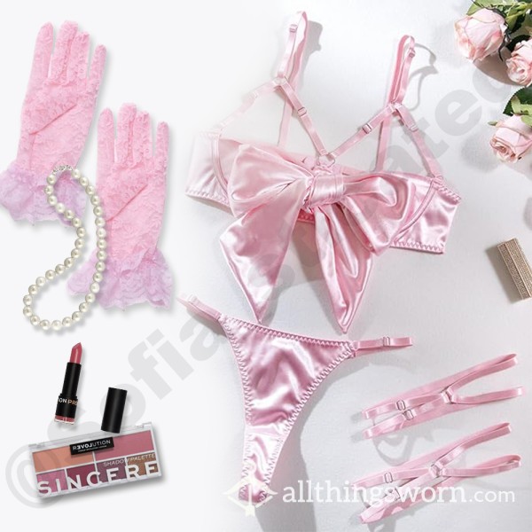 “The Romantic Sissy Kit”: Includes Bow Bra, Thong, Garters, Gloves, Makeup And Necklace.
