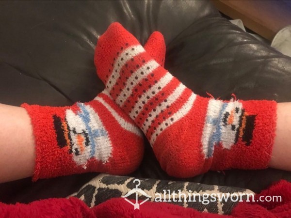 These Are My Old, Well Worn, Fluffy, Christmas Snowman Ankle Socks