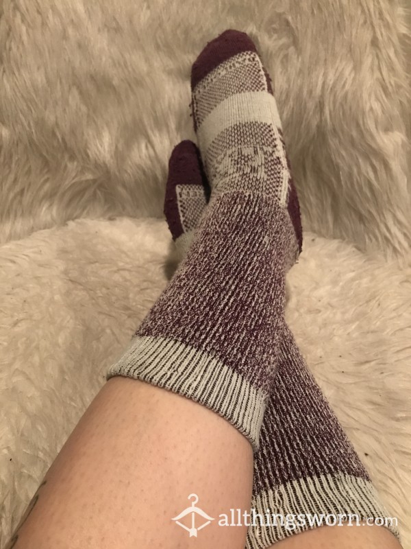Thick White And Plum Colored Wool Socks