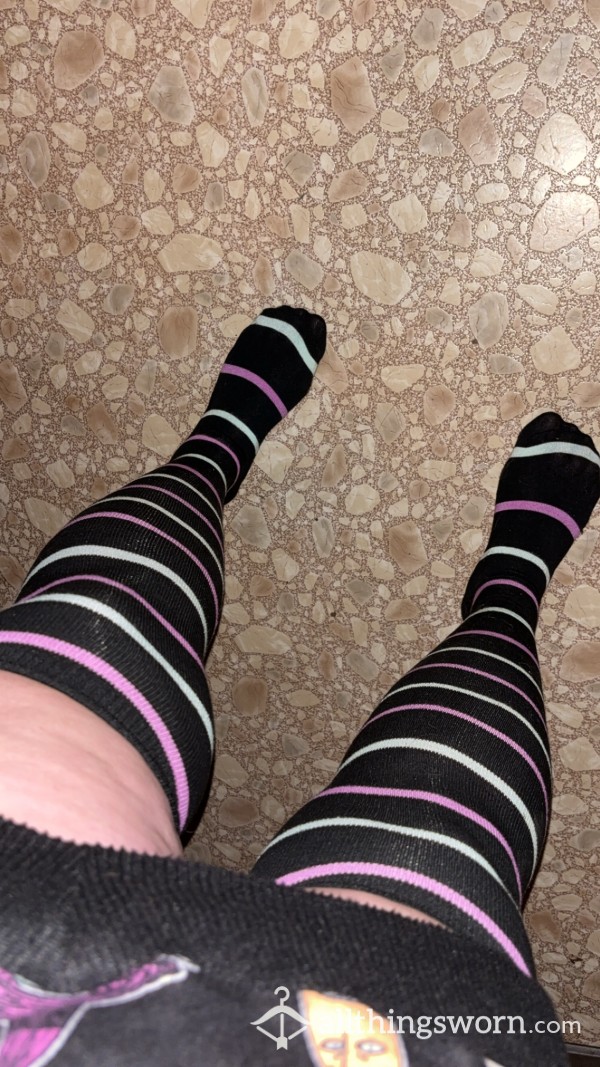 Thigh-high Black Pink&green Stripped Socks