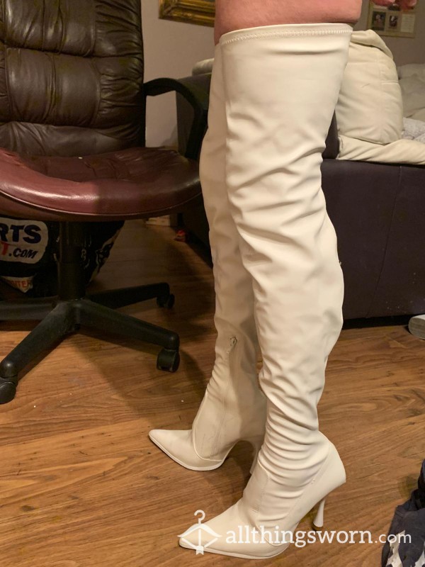 Thigh High Skin Tight White Sexey Leather Boots
