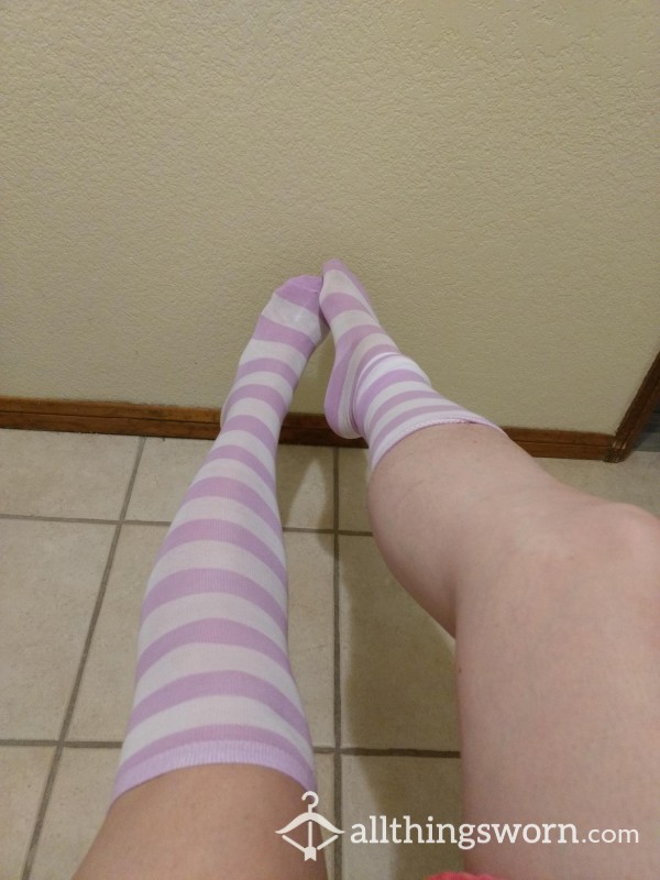 Thigh High Socks, Purple And White Striped, Free Shipping