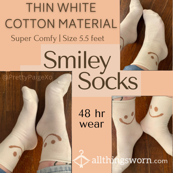 Thin White Cotton Smiley Face Socks 👣 Worn 48 Hours 💋