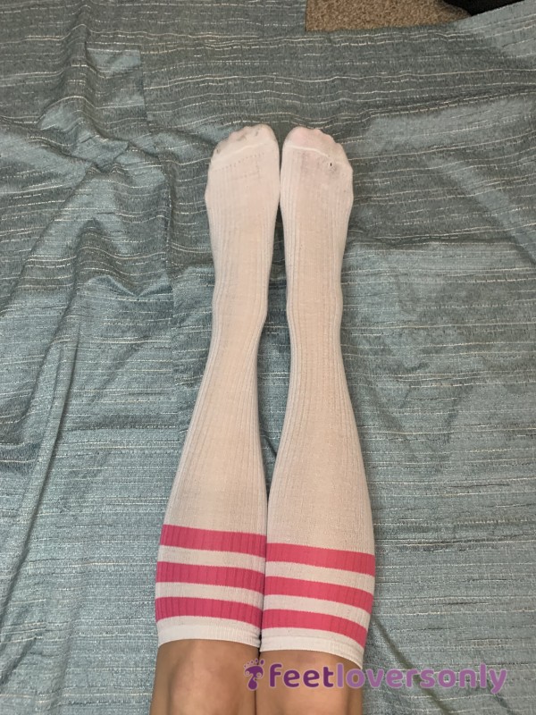 10 Years Old Thin White Knee High Socks W/ Pink Stripes