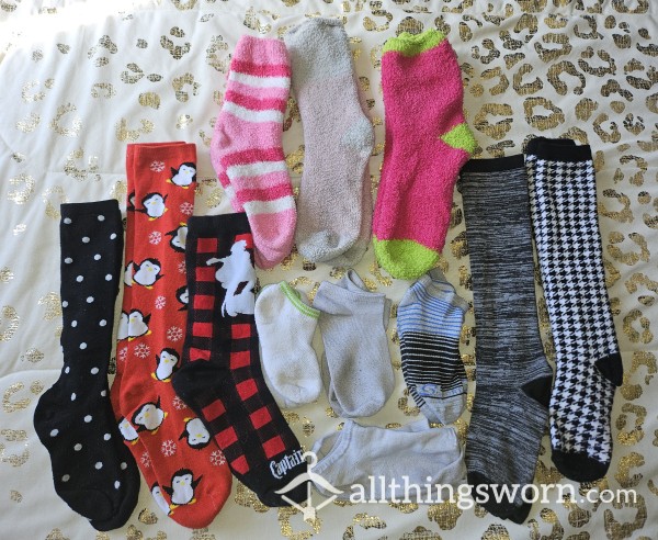 Tons Of Socks! Knee High Socks, Ankle Socks, Fluffy Socks, Super Dirty Well Worn Smelly Socks Pink, White, Black, Plaid, Striped, Polkadot, Penguins Bundle Deals!! Japanese Worn Socks 💓