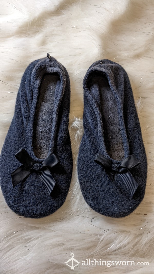 Totes Isotoner Navy Ballet Pump Slippers Size Large UK 5-6 Well-Worn & Sweat Stained 💦