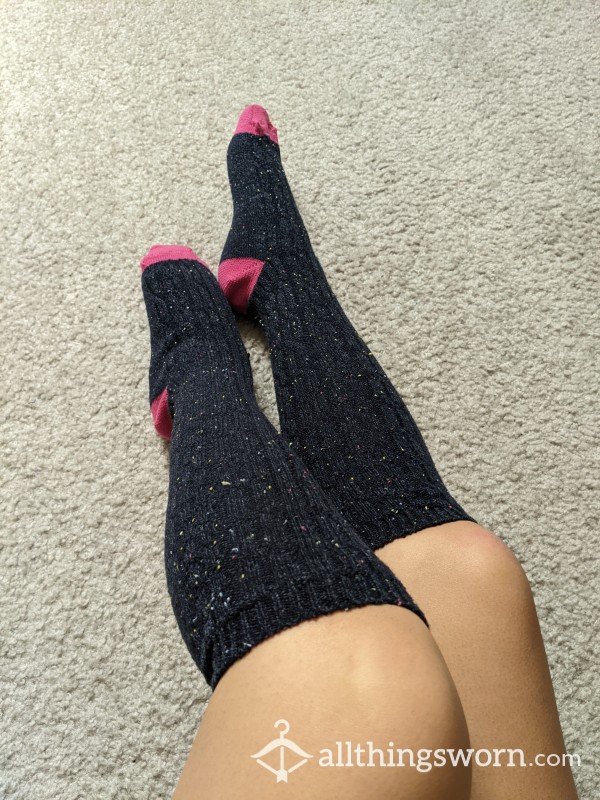 Used Knit Navy And Pink Knee-High Socks