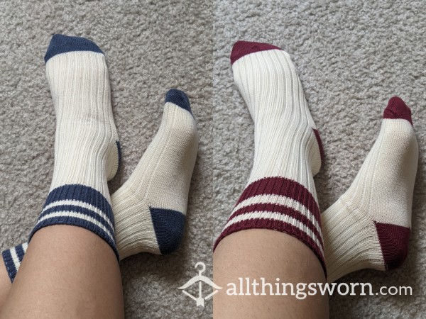 Used Preppy Sporty Crew Socks In [SOLD]Navy And Maroon📣🏅