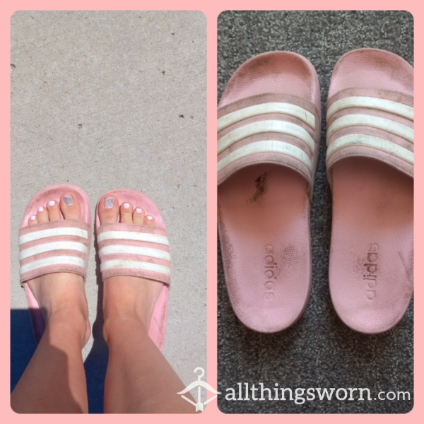 Very Dirty Size 7 Pink Adidas Sandals With White Stripes