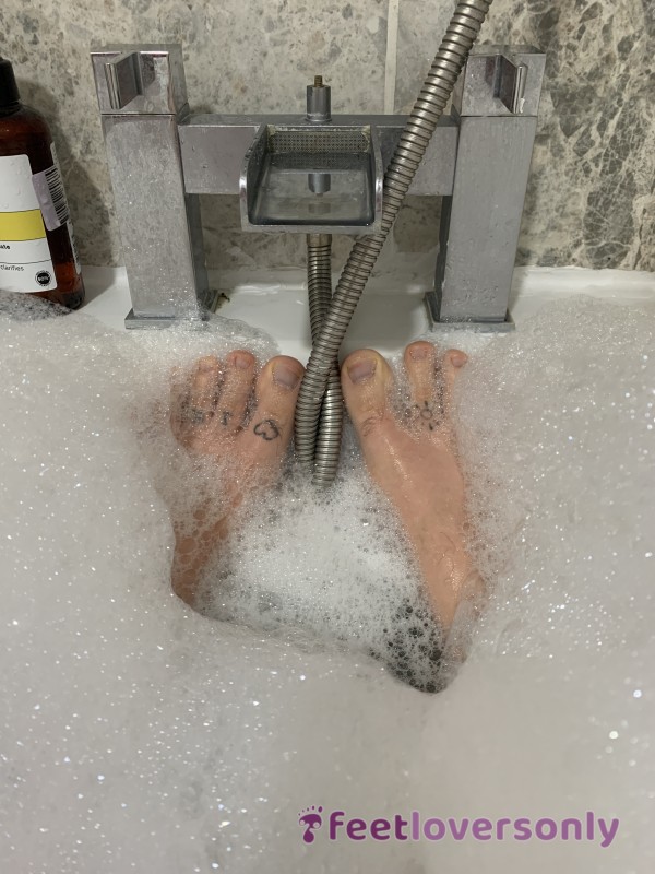 Washing My Feet In A Steamy Bubble Bath. Water Gushing Between My Hairy Tattooed Toes