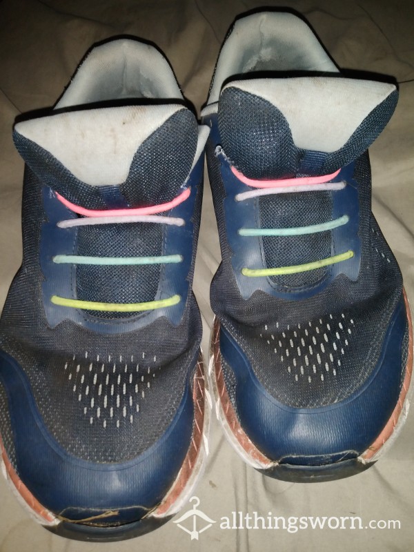 Well Worn AVIA Sneakers. Shoelaces Replaced With Hair Bands.