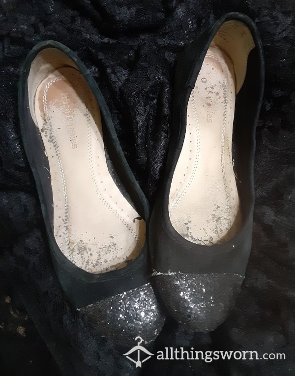 Well-worn Black Suede And Glitter Flats