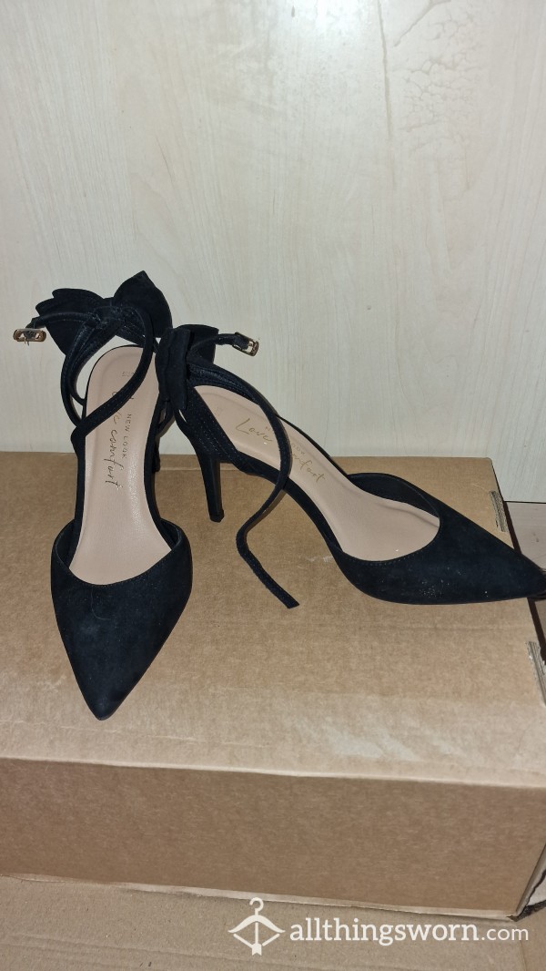 Well Worn Black Suede Stilettos With Pretty Bow, Longer Wears Available
