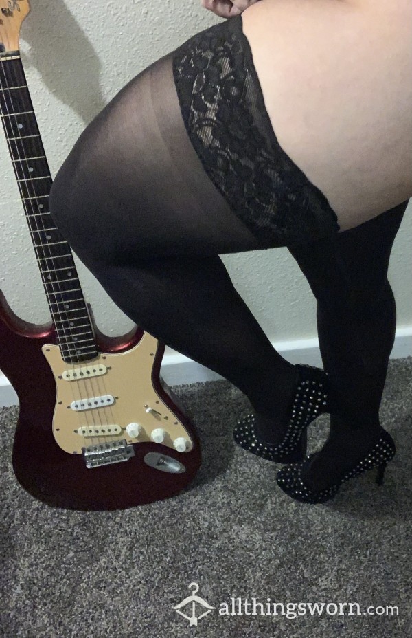 Super Sexy Well-Worn Black Thigh-High Stockings With Lacy Top!