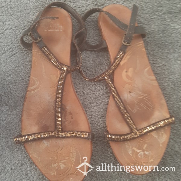 Well Worn Brown And Gold Flat Sandals