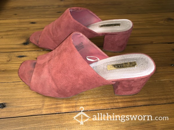 Well-worn Dusty Red Faux Suede Peep Toe Heeled Mules
