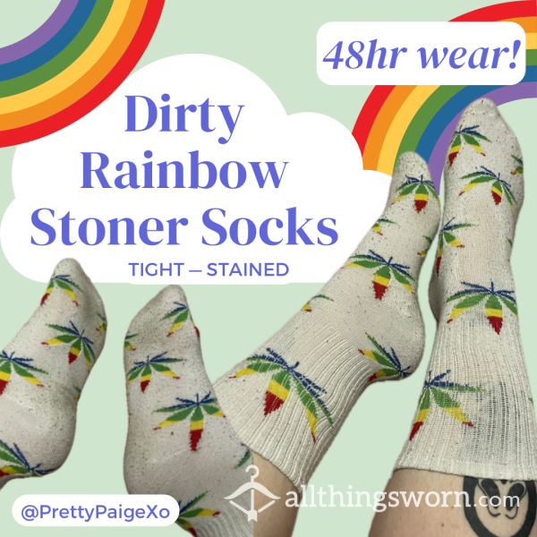 Well-worn & Dirty Socks 👣💚 Stoner Rainbow Weed Leaves 🍃🌈 Stained… 48hr Wear 💨