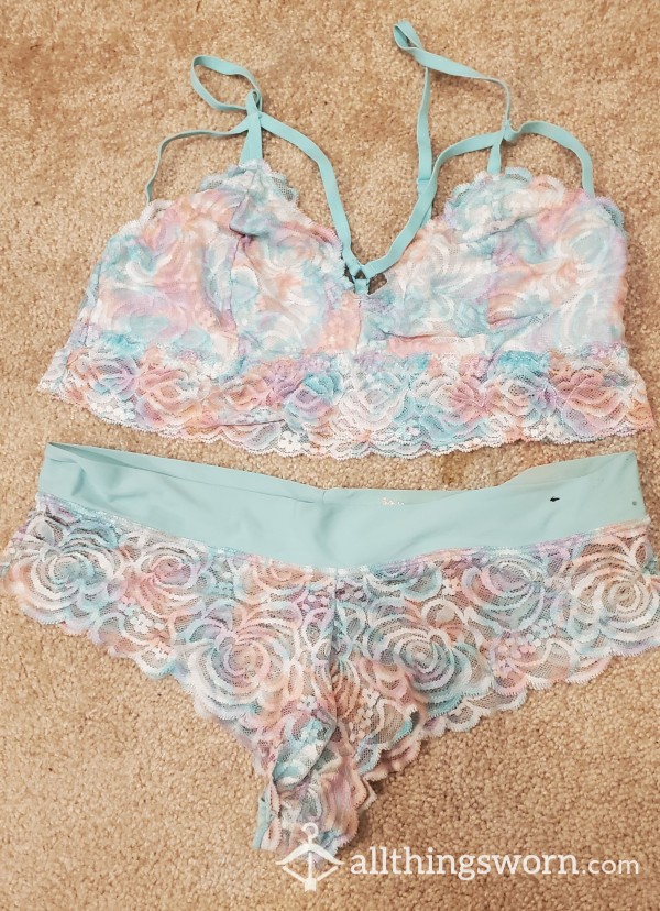 Well Worn Large (L) Pastel Lace Lingerie Set, Cheeky Panties And Strappy Bralette