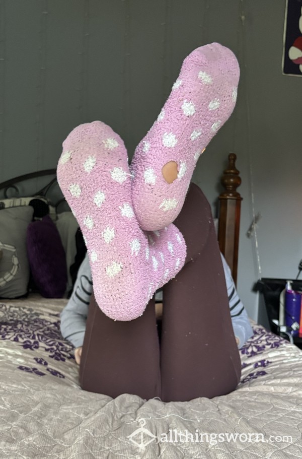 Well-Worn Pink Polkadot Fuzzy Socks