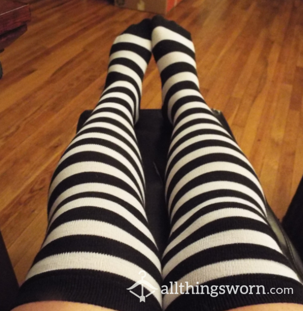 Well-Worn Sexy Black & White Striped Thigh High Socks