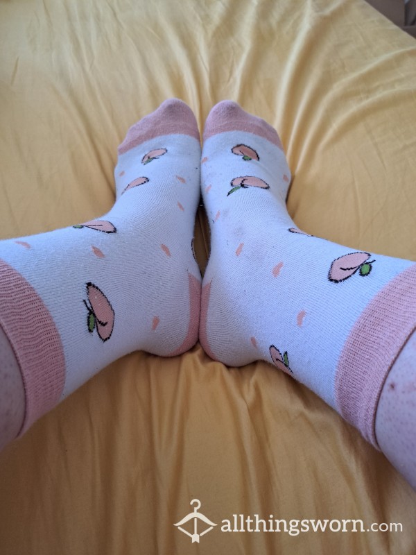 Well-worn, Stained Cute White And Peachy Cotton Socks