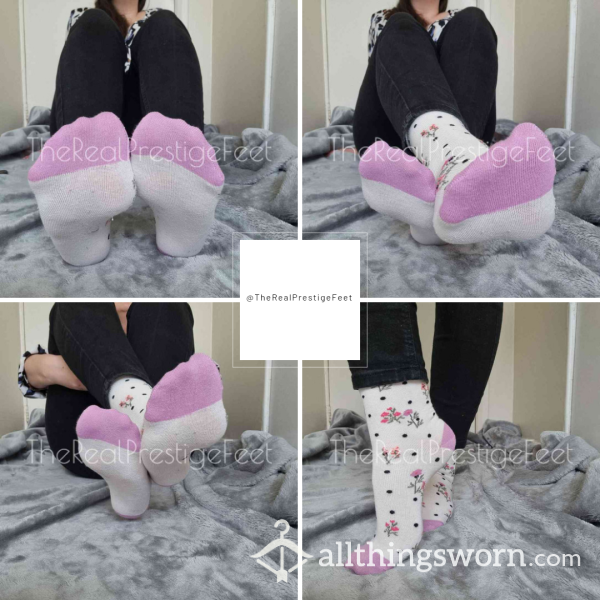 Feminine White & Purple Floral Patterned Ankle Socks | Standard Wear 48hrs | Includes Pics & Clip | Additional Days Available | See Listing Photos For More Info - From £16.00