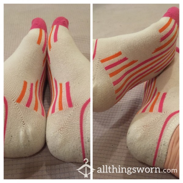 White Ankle Socks With Little Touches Of Pink And Orange
