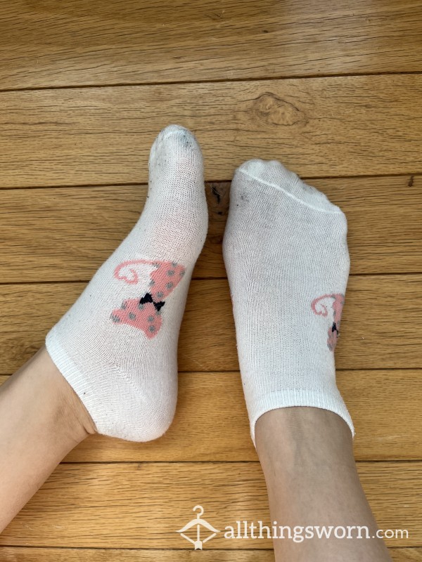 White Ankle Socks With Pink Cats