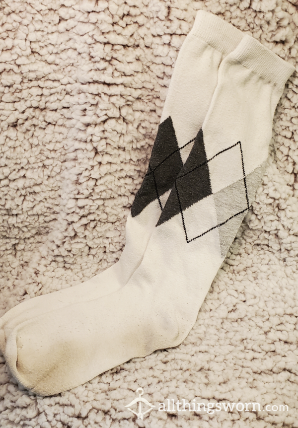 White & Black Argyle Knee Socks - Very Well Worn  & Loved