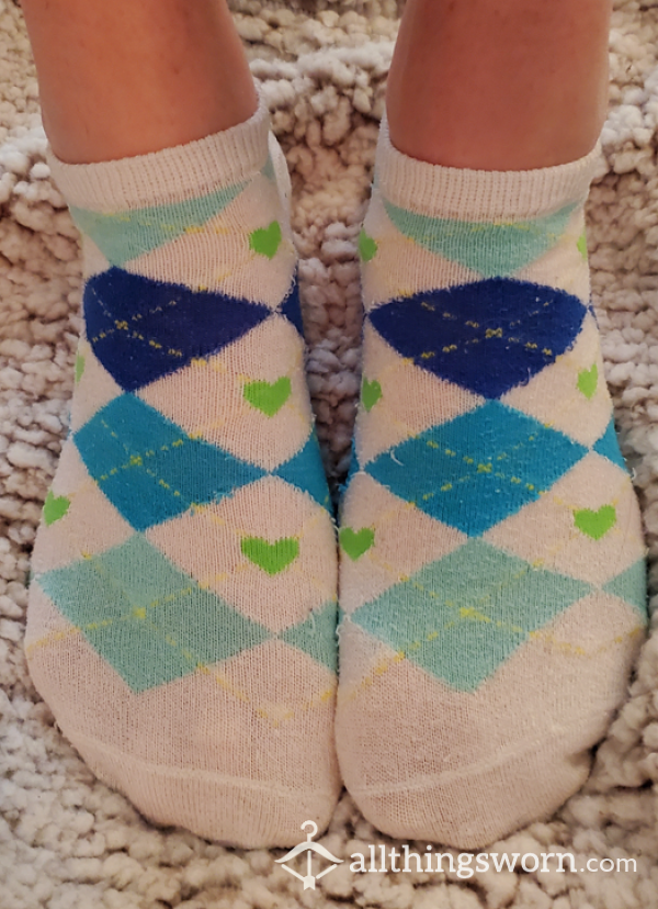 White & Blue Argyle W/ Green Hearts Ankle Socks