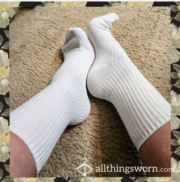 White Cotton Ribbed Crew Socks