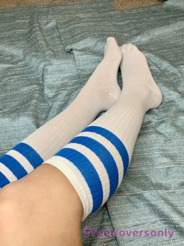 White Knee High Socks W/ Blue Stripes On The Top