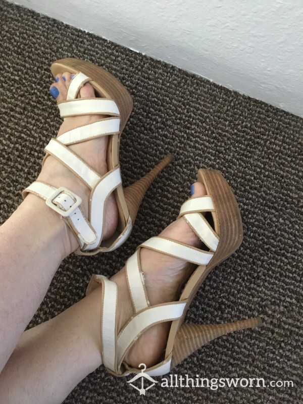 White Strappy Leather & Wood High Heel