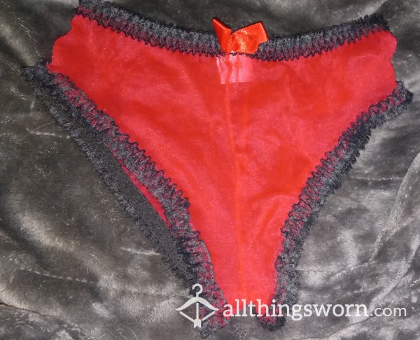 Worn And Hole-y, Red Sheer With Black Lace Panties.  2 Days Of Wear Included!
