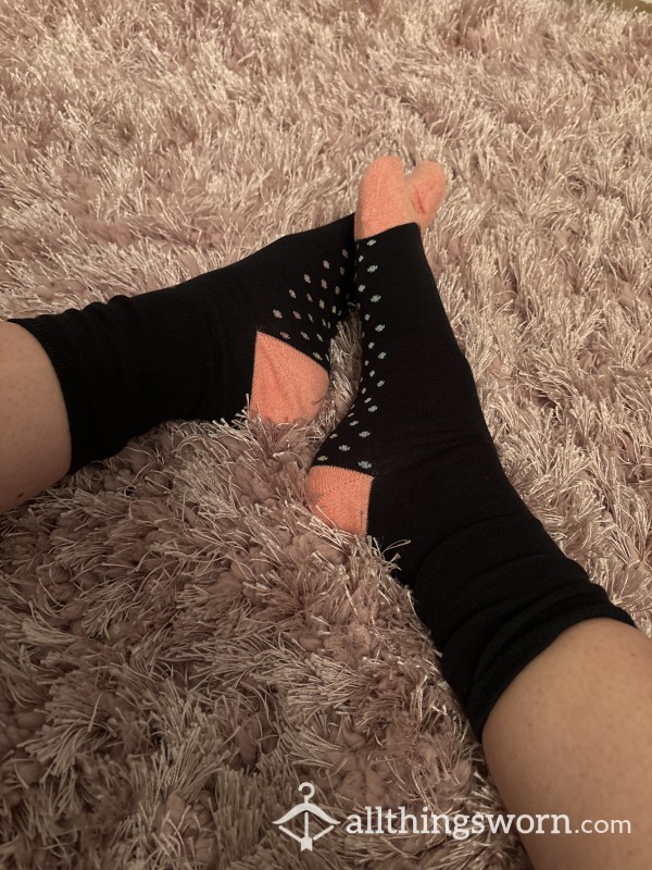 Worn Black Ankle Socks With Patterned Sole