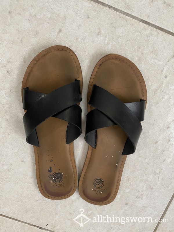 Worn Black Cross Strapped Sandals
