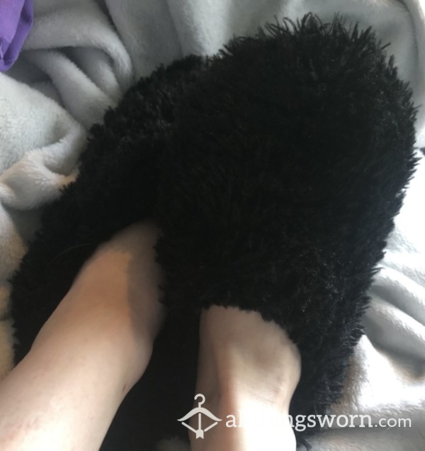 Worn Black Fluffy Slippers