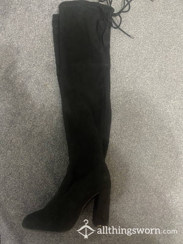 Worn Black Over The Knee Swede Boots Chunky Heel