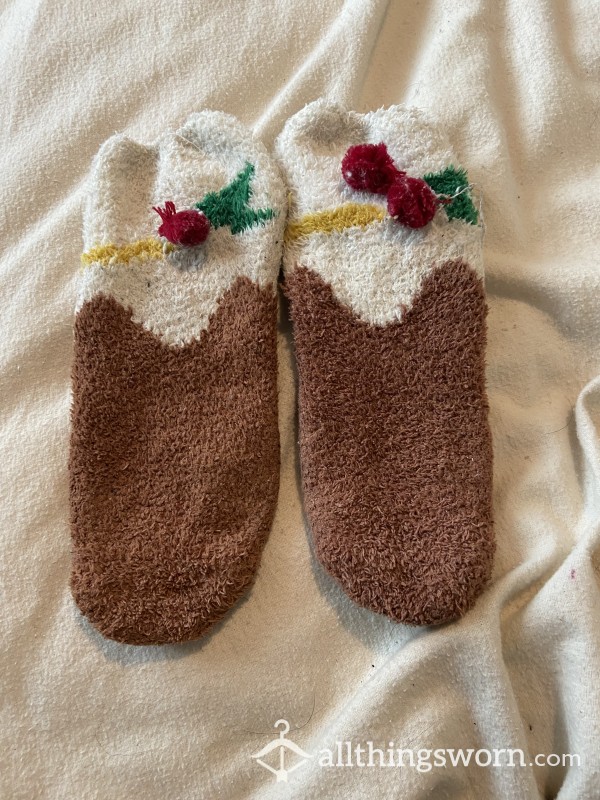Worn Fluffy Xmas Pudding Socks