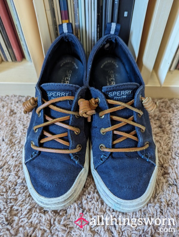 Worn Navy Blue Sperry Slide On Sneakers
