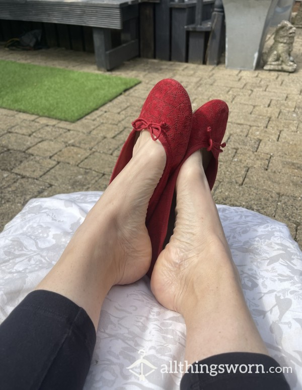 Worn Red Suede Leather Ballerina Flats